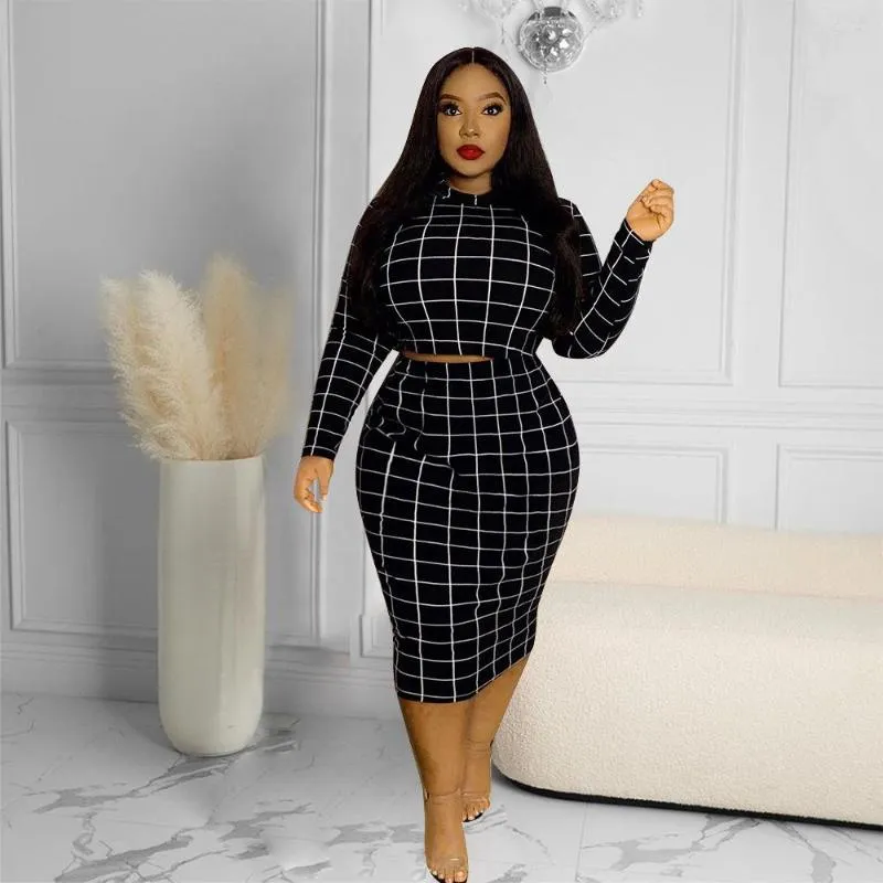 Tracksuits ZJFZML ZZ Women Clothing Two Piece Set Plus Size Plaid Print Long Sleeve Crop Top And Knee Length Skirts Drop Wholesale