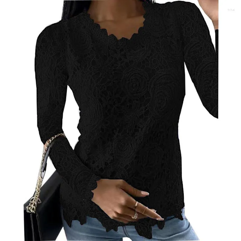 여자 T 셔츠 여성 최고 티셔츠 패션 의류 가을 겨울 롱 슬리브 레이스 여성 대형 풀오버 단색 탑