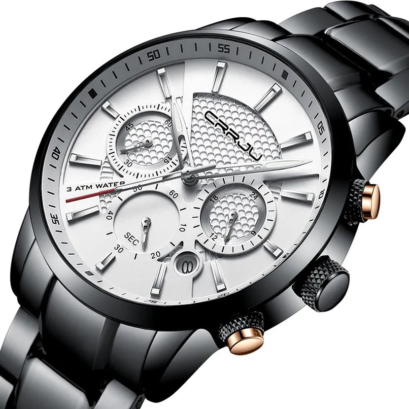 Men Stainless Steel Wristwatch CRRJU Man Top Luxury Brand Unique Quartz Chronograph Army Waterproof Clock Casual Fashion Watches282I
