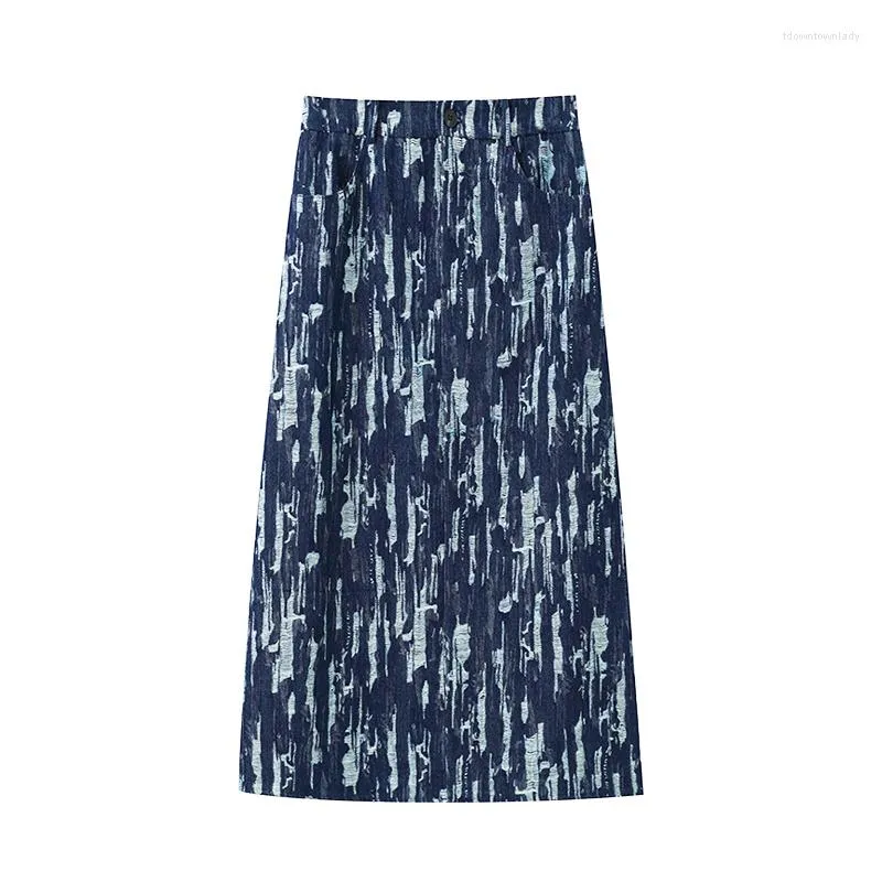 Kjolar kanske u blå denim empire high street rak midi kjol ficka a-line s0274