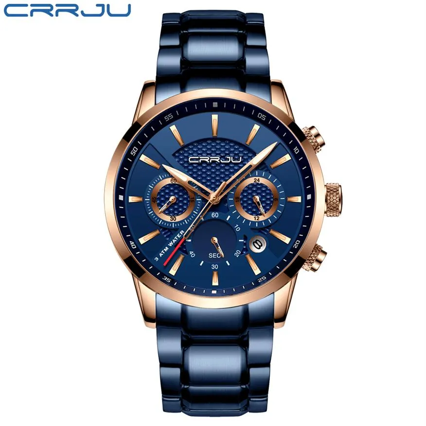 CWP 2021 CRRJU Business Men Watch Fashion Blue Chronograph Stianless Steel zegarek na rękę Casual Waterproof Clock Relogio Masculi275z