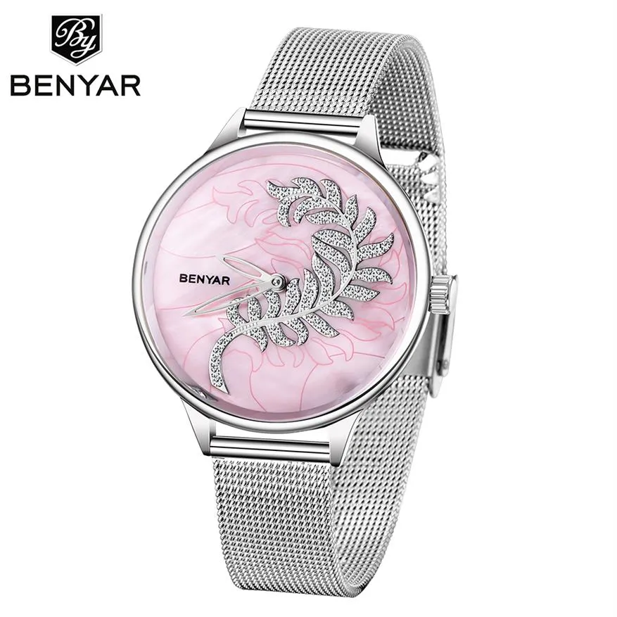 Benyar Luxury Magnet Buckle Quartz Watches для женщин простое розовое золото Desgin Creative Bracelet Dress Ladies Watch2588