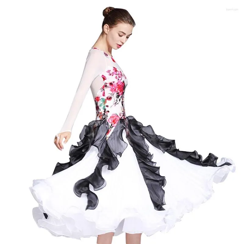 Stage Wear Floral Mesh Long Sleeve Ballroom Dance Dress Modern Flamenco Waltz Standard Practice Competition Costume