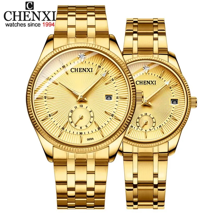 Chenxi Brand Men Women Gold Watch Lovers Quartz Polshorloge vrouwelijke mannelijke klokken IPG Golden Steel Watch198F