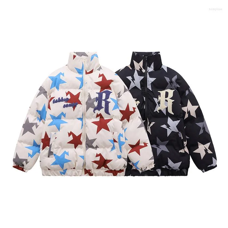 Herrarna Down Men's Hip Hop Oversize Coat Street Star Print Harajuku Winter Jacket Golden Classic Unisex Hooded Thicked