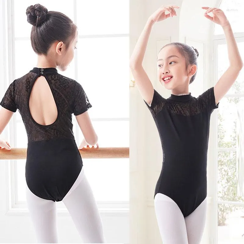 Palco usa renda preta ginástica curta ginástica colheita meninas vestidos dançando crianças vestidos de skate para bodysuth