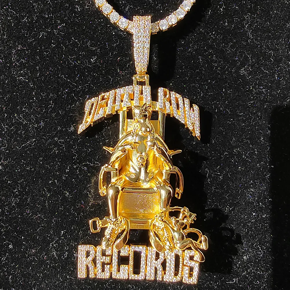 Hip Hop Large Death Row Records Pendente Collana 5A Zircone 18 carati Placcato in oro reale