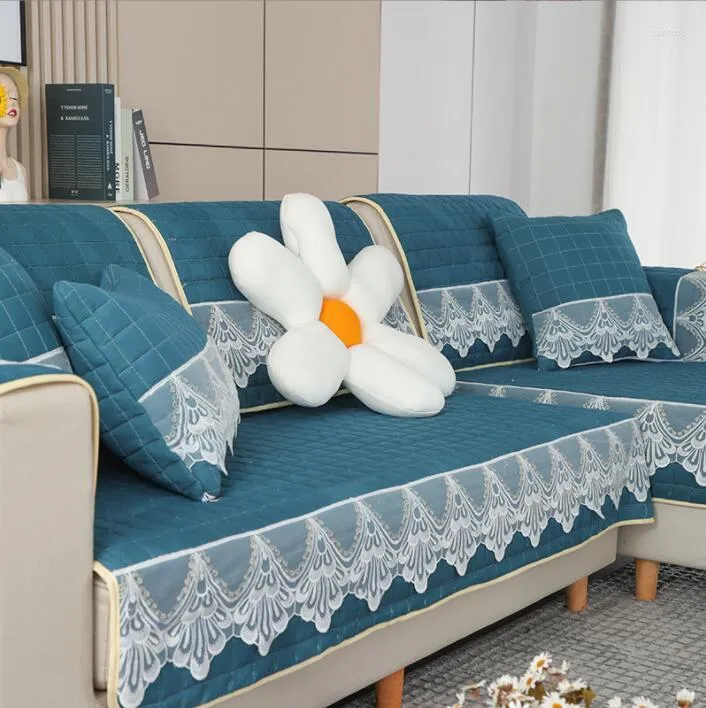 Stuhlhussen verdicken Plüschstoff Sofabezug Spitze Slip für Wohnzimmer im europäischen Stil Couchbezug Home Decor