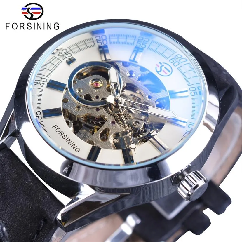 Forsining 2017 Escalade Série Argent Boîtier Bleu Verre Conception Étanche Ouvert Travail Hommes Automatique Squelette Montre Top Marque Luxury175z