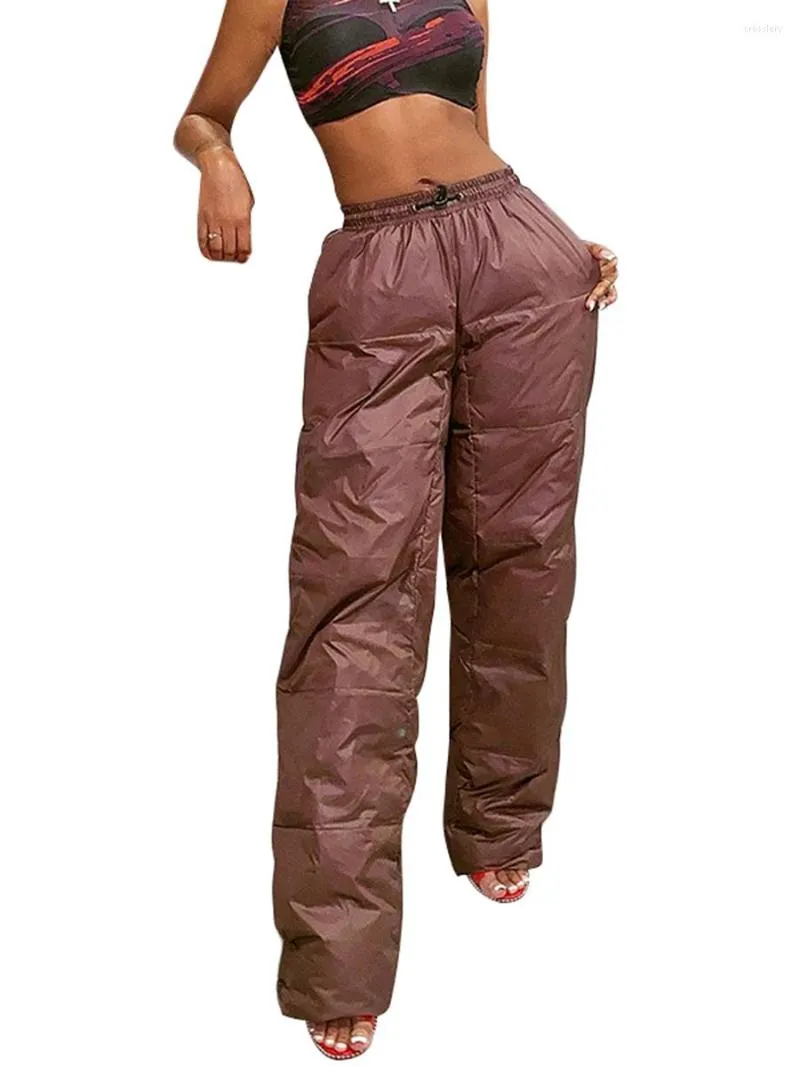 Frauenhose Frauen geschwollener Winter warme Baumwolle mit weiten Beinkordelschnur elastischer Taille Schneehosen mit Taschen gepolstert