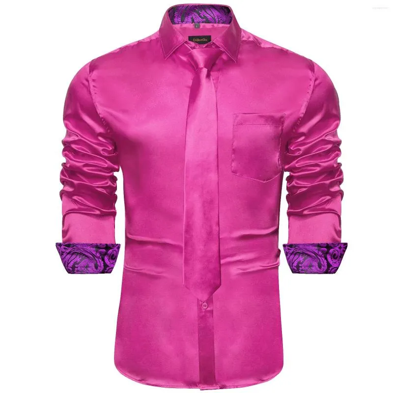Mäns casual skjortor rosa designer stretch satin för män paisley skarvning kontrasterande färger kläder långärmad mäns sociala