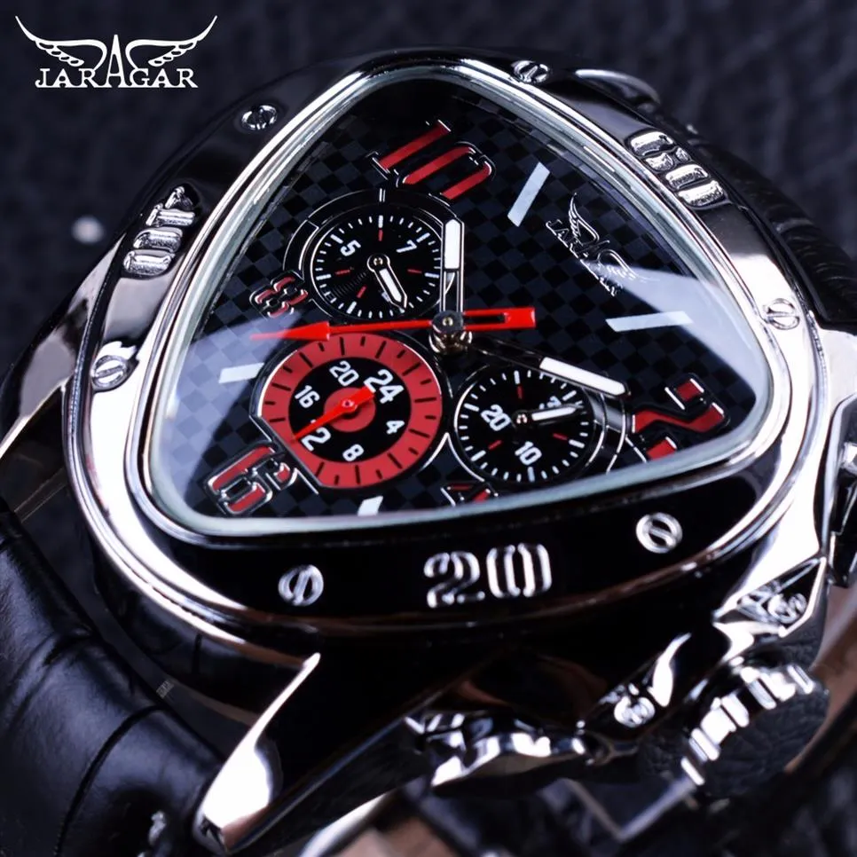 Jaragar Sport Racing Design Geometric Triangle Design ￤kta l￤derband Mens Watches Top Brand Automatic Wrist Watch256i