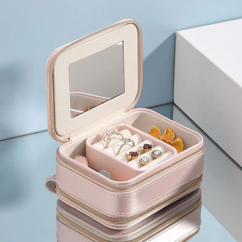 Boîtes de rangement maquillage bijoux organisateur 2 niveaux avec miroir voyage Mini Portable anneau collier support pour boucle d'oreilles salle de bain