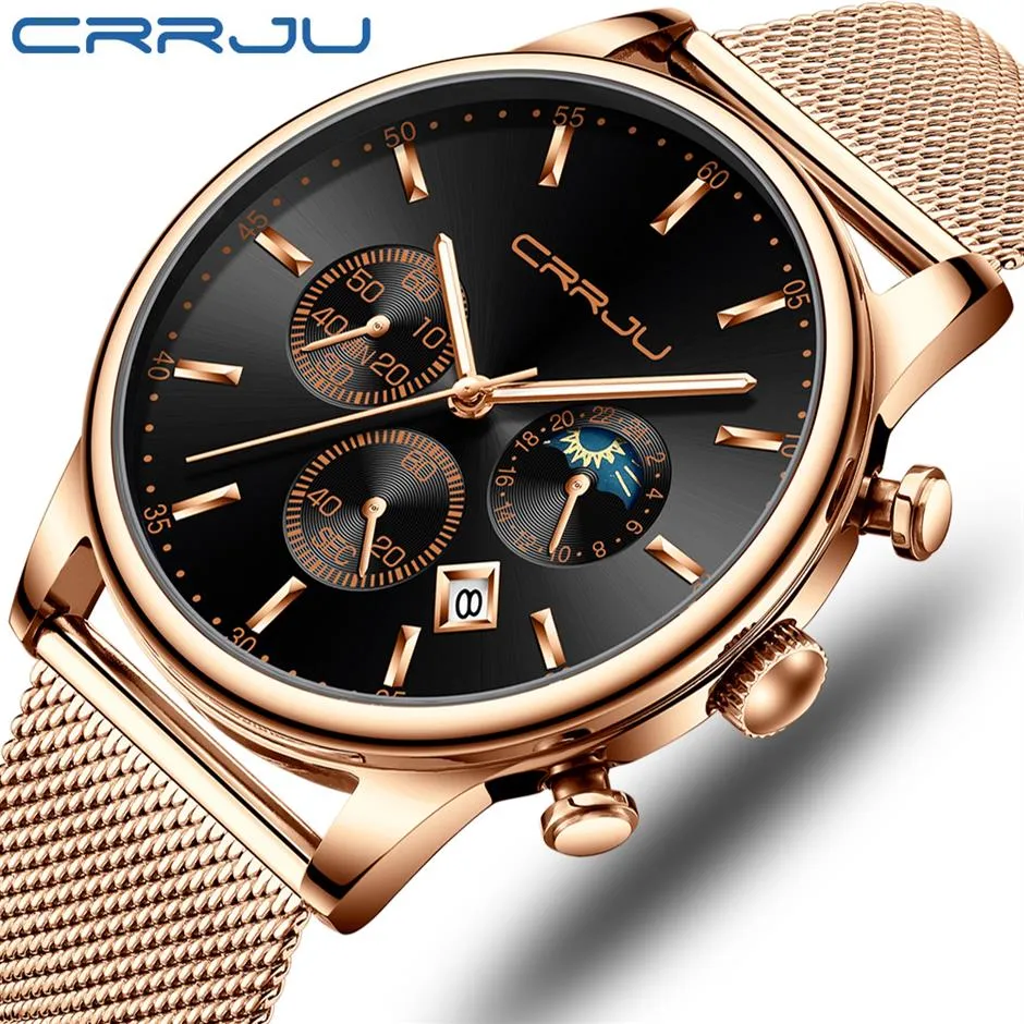 Reloj Hombre Crrju Top Luxury Men Multifunction Watches Waterproof Business Casual Quartz Datum handledsklocka Male Mesh Strap Clock319R