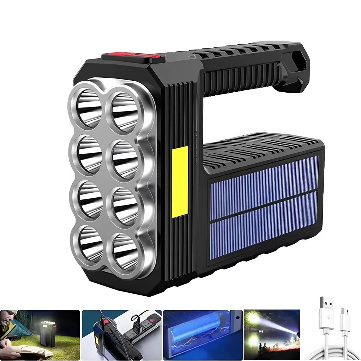 Solar Flashlight Portable LED Searchlight Solar/USB Rechargeable Waterproof 6-Gear Torch Camping Light COB Work Light