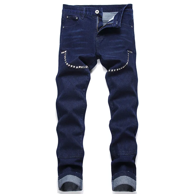 Automne Style Punk Rivet Jeans Pour Hommes Couture Bleue Collage Pantalon Stretch Coupe Slim Printemps Eté Pantalon En Denim Décontracté Pantalones Para Hombre Vaqueros