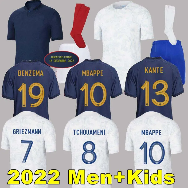 2022 Benzema Mbappe Soccer Jersey Griezmann French Shirts Pogba Dembele Giroud Hernandez Varane Pavaro Kante 22 23 Maillot de Football Shirt Men Men Chids Kitセット
