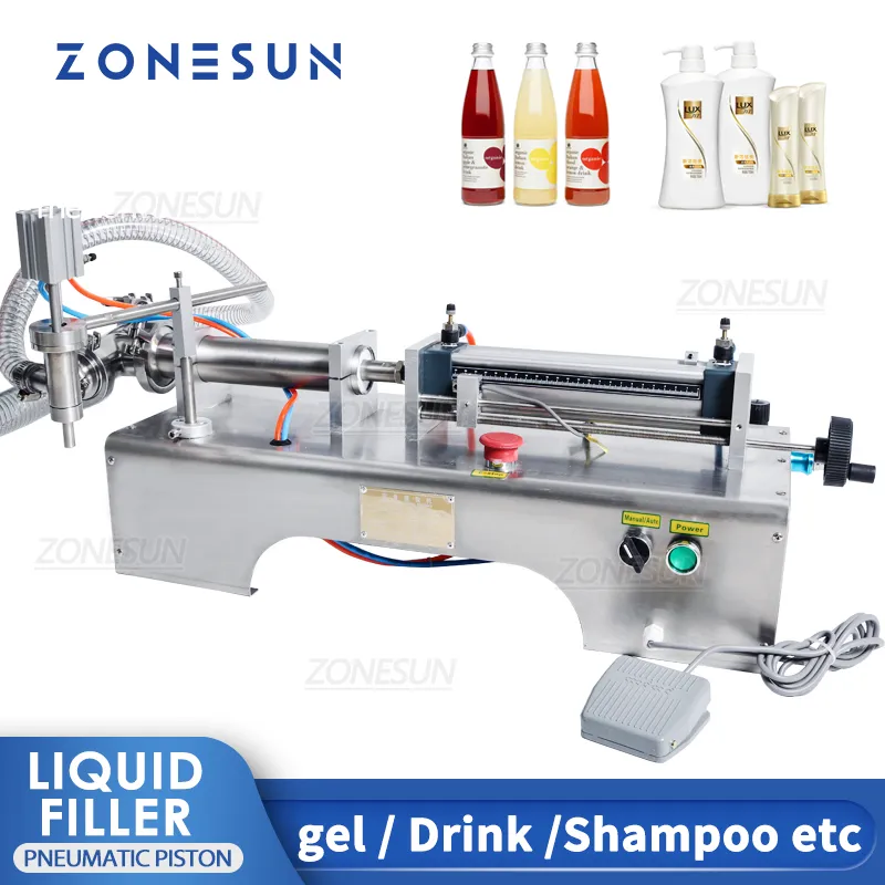 ZONESUN 100-1000mL Pneumatic Piston Liquid Filler Shampoo Water Wine Milk Juice Vinegar Oil Detergent Soap Filling Machine