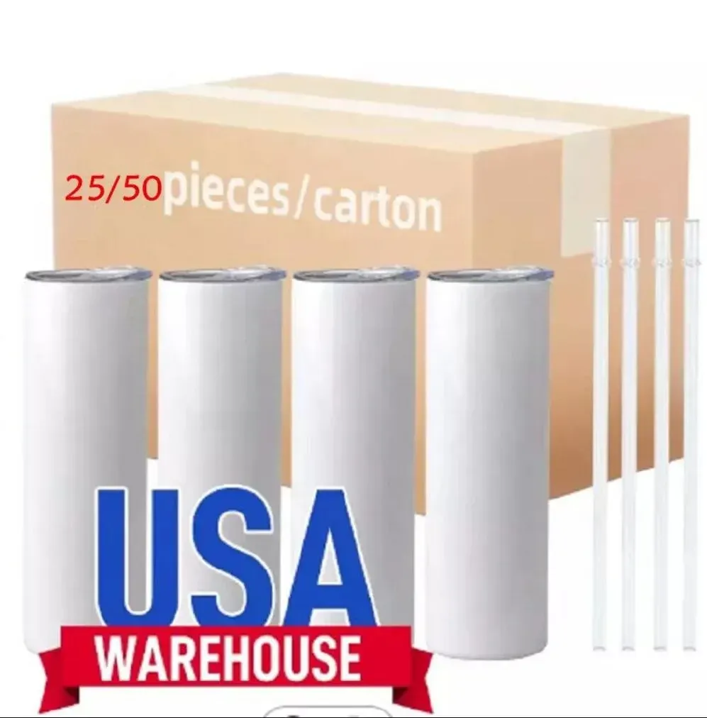 USA Warehouse Sublimation Tumblers Mugs Blank 20oz 16oz White Straight Blanks Heat Press Mugg Cup With Straw Glass Cola Can med bambu lock
