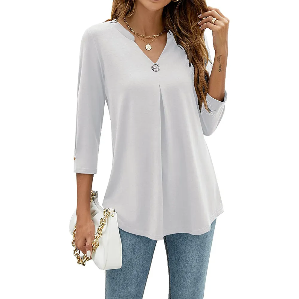 نساء 3/4 قمصان طويلة الأكمام ضد الرقبة العادية Henley Work Tops Blouses Dail Button Button Toped Top Top Top