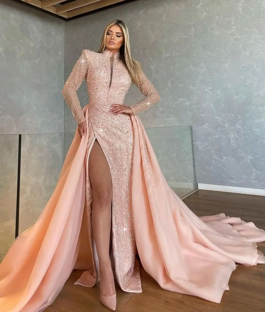 fitted lace wedding dress Black Sexy Mermaid Long Sleeves Beaded Evening Dress Formal Prom Dress –  luladress main image 0