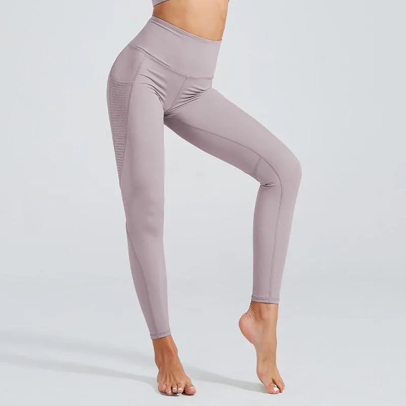 Mallas de mujer K cintura alta levantamiento de cadera deportes mujeres desnudo Fitness correr Yoga pantalones gimnasio chica empalme lateral teléfono móvil bolsillo Legging