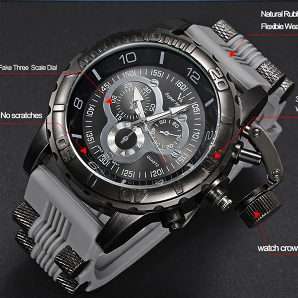 Men Watch 2018 New V6 Super Speed ​​Silicone Quartz 3D Surface Male Hour Clock Analog Military Big Dial Sport Man Watch171o