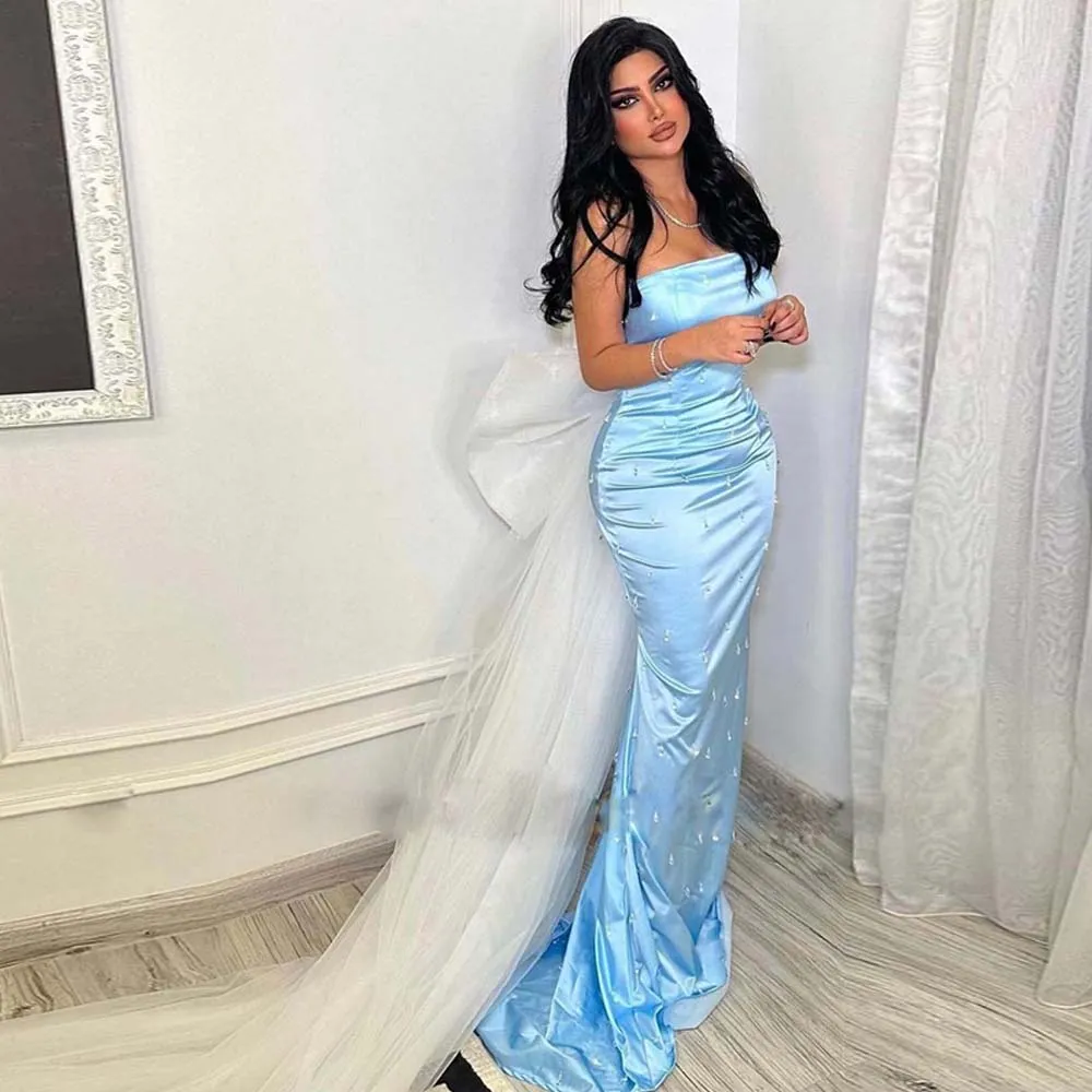 Bleu ciel perles sirène robes de bal gros noeud papillon robe de soirée sans bretelles Dubaï formelle avec train détachable robes de mariée 326 326