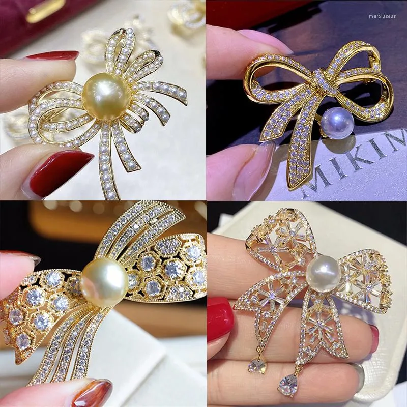 Brooches Trendy Brooch Jewelry Luxury Shiny Cubic Zircon Bow Pin And For Women Party Accessories Pearl Bowknot Corsage Decor