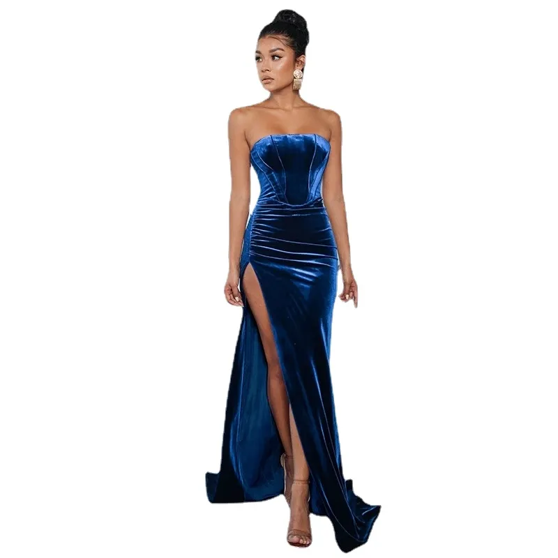 Elegant Blue Velvet Prom Dresses Sexy Strapless High Split Evening Gowns Bridesmaids Dress Custom Made