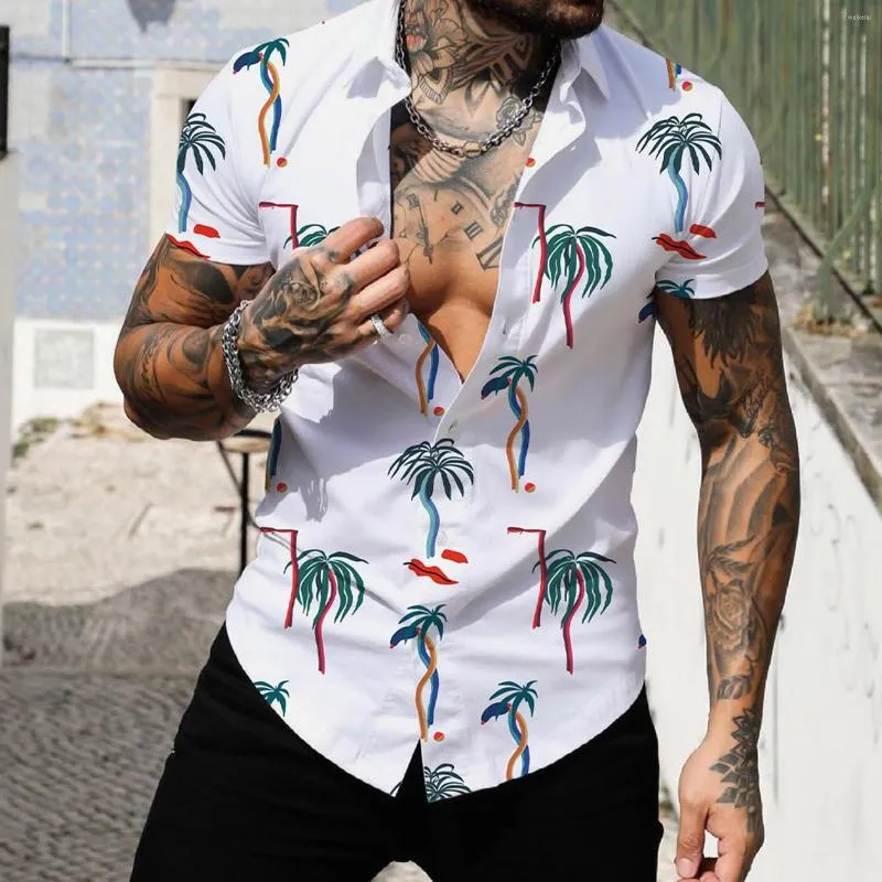 Męskie koszule Slim Fit Shirt Men Men Lato Single Bered Lapeed Full Print Beach Krótkie rękawie Męki duże długie