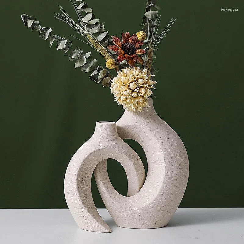 Vases Nordic Ceramic Vase Snuggle Set Flower Pot Circular Hollow Donuts Hydroponic INS Home Living Room Desktop Decoration