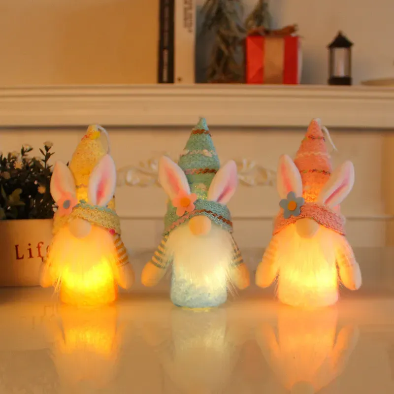 Easter Party Rabbit Gnome with Light Faceless Luminous Bunny Doll Spring Party Ornaments Hanging Pendants Kids Gift