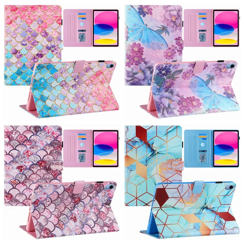 Fashion Silk Leather Flip Case voor iPad 10 10Gen 10e 10.9 10.9inch 2022 Marble Flower Mooie geometrie Schaal Zeen Ocean Print Girls Wallet Card Holder Cover Pouch