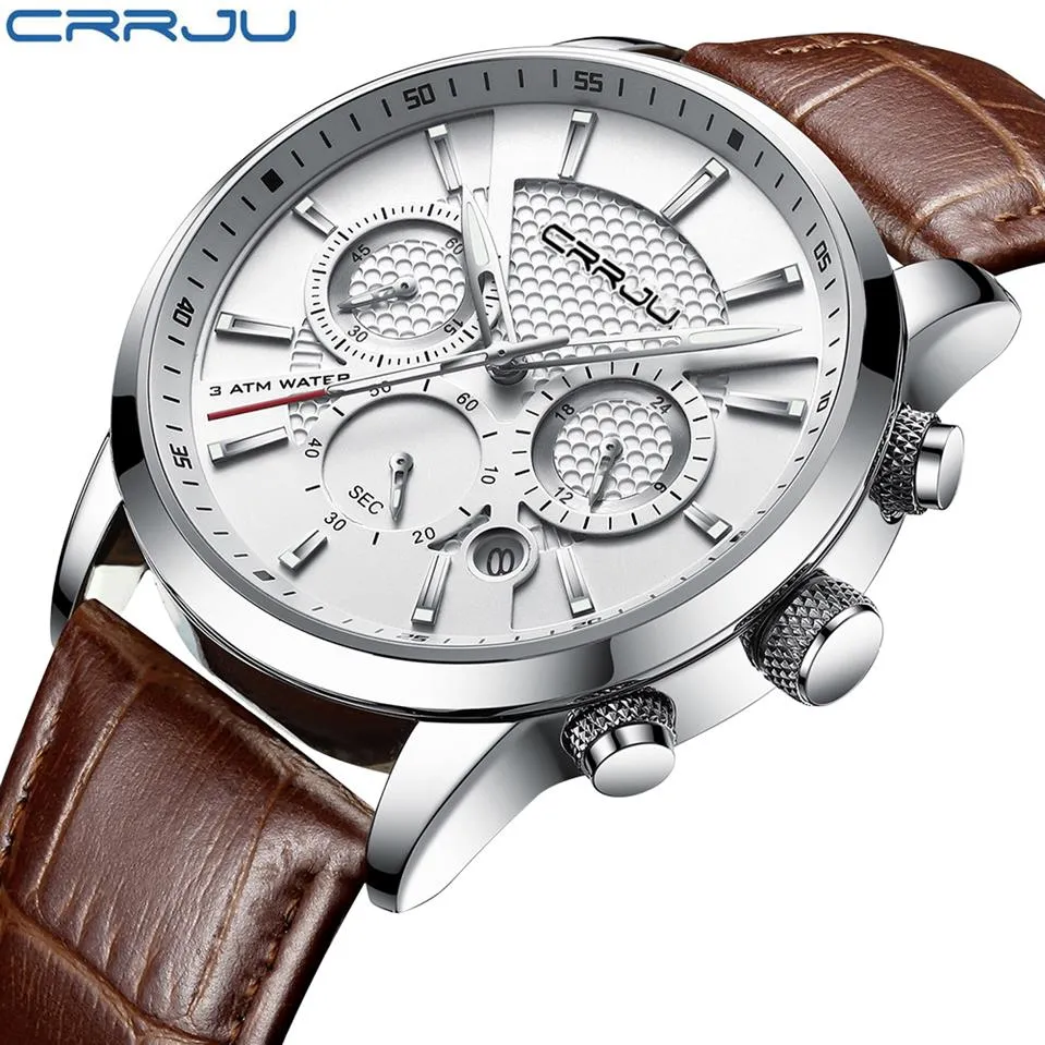 Crrju New Fashion Men Watches Analog Quartz armbandsur 30m vattentät kronograf sportdatum läderband klockor Montre homme2779