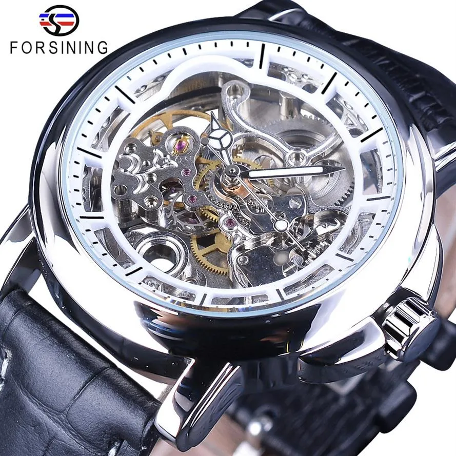 Forsining Movimento ad ingranaggi impermeabile Trasparente Orologio da uomo in vera pelle Scheletro Orologi meccanici automatici Top Brand Luxury3144