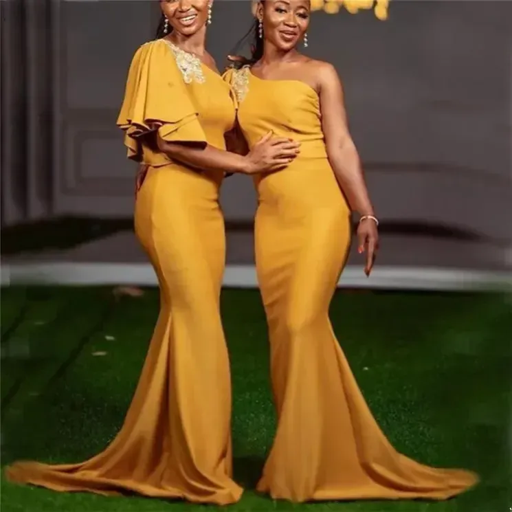 African Yellow Bridesmaid Dresses ASO EBI Sexy Mermaid One Shoulder Maid of Honor Gowns Sweep Train Silk Satin Pleated Wedding Party Dresses