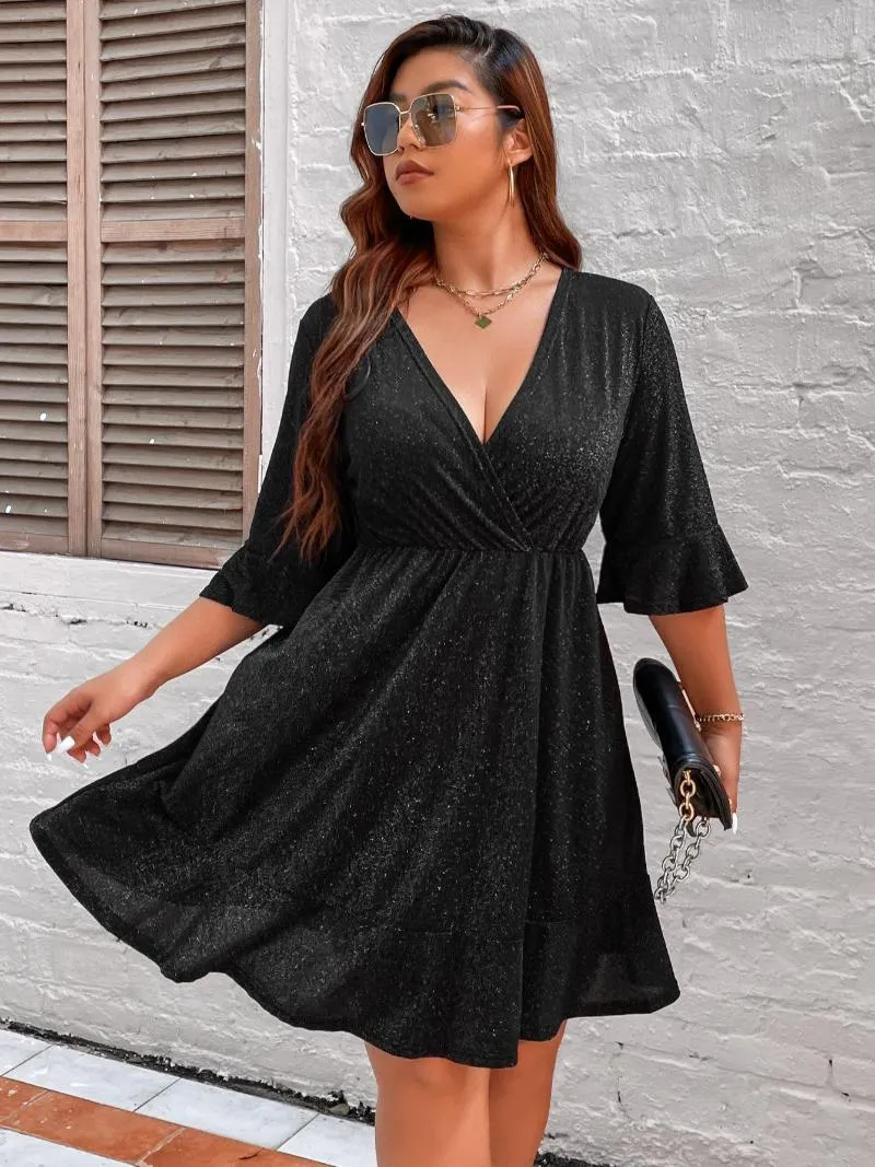 Plus Size Dresses 4XL Glitter Midi Dress For Chubby Women Autumn Half Sleeve V Neck Red Clothing Elegant Large Evening Party