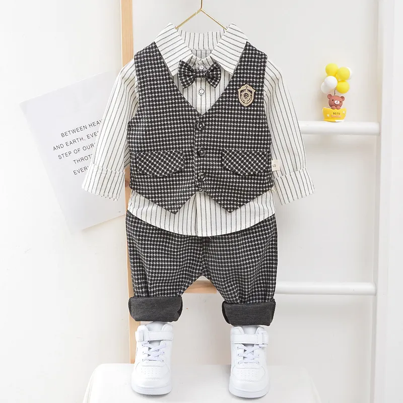 Baby Boy Gentleman Suit Autumn Blue Shirt With Tie Plaide Vest Trousers 3Pcs Formal Kids Clothes Set Wedding Party Dress