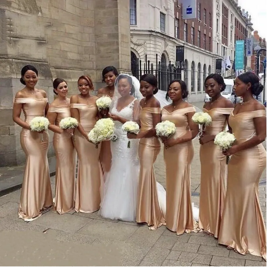 Vestidos de dama de honra de champanhe escuros sereia mulheres africanas fora do ombro de festas de casamento de casamento manto de soiree de mariagem