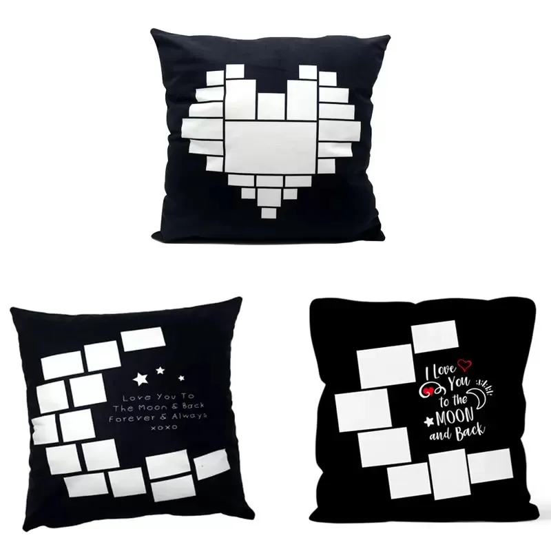 Pillow cover Blank Sublimation Pillows cases black grid woven Polyester heat transfer moon heart cushion covers throw sofa pillowcases