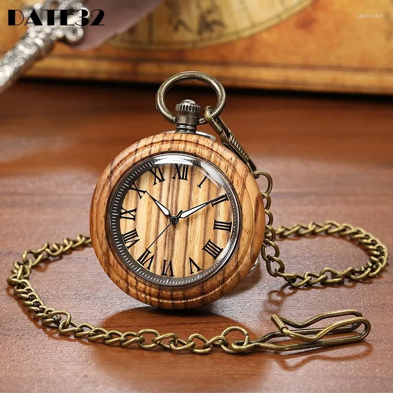 Montres de poche pendentif en bois montre à quartz naturel véritable zèbre bois chiffre romain Fob chaîne horloge pour hommes femmes cadeau d'anniversaire cadeau