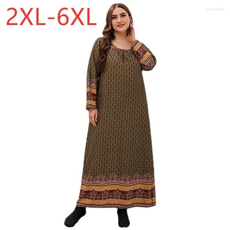 Casual jurken 2022 dames lente herfst plus maat lange jurk voor vrouwen grote mouw losse luipaard print 3xl 4xl 5xl 6xl