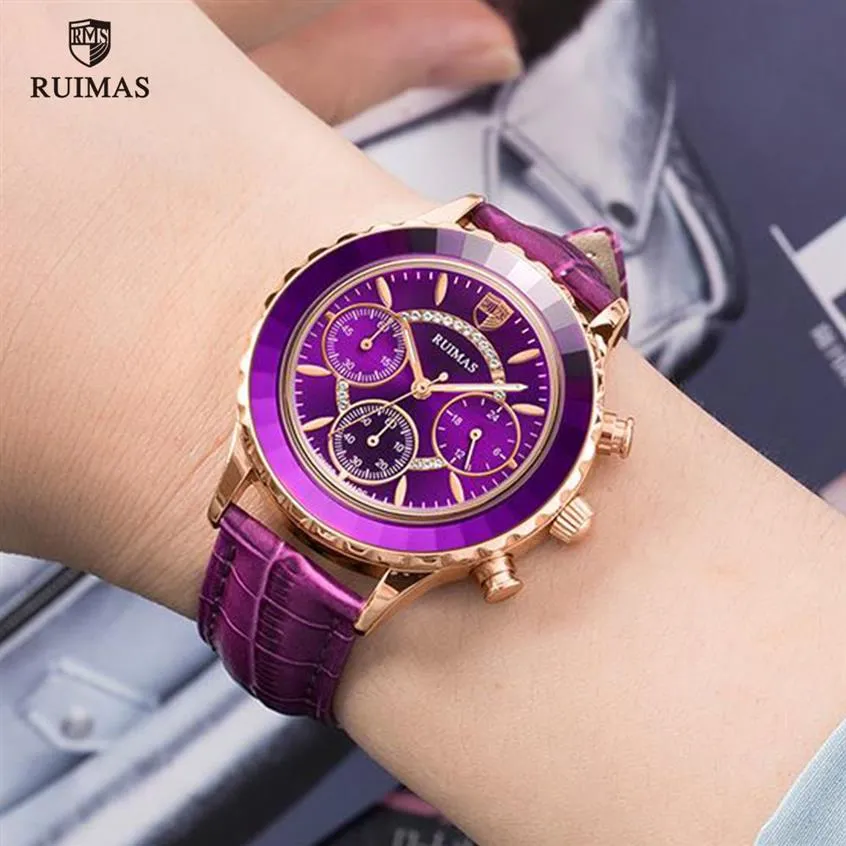 2020 Ruimas Colored Watches Luxury Purple Leather Quartz Watch Ladies Fashion Chronograph Wristwatch Relogio Feminino 592228i