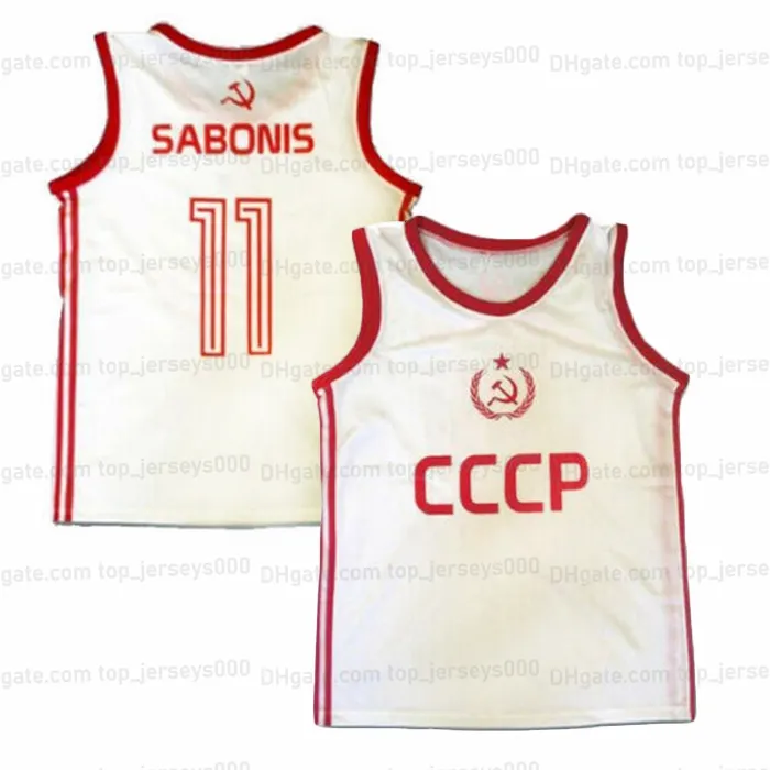 カスタムArvydas Sabonis＃11 Russia CCCPソビエトバスケットボールジャージースローバックホワイト縫製任意の名前番号サイズS-4XL 5xl 6xl