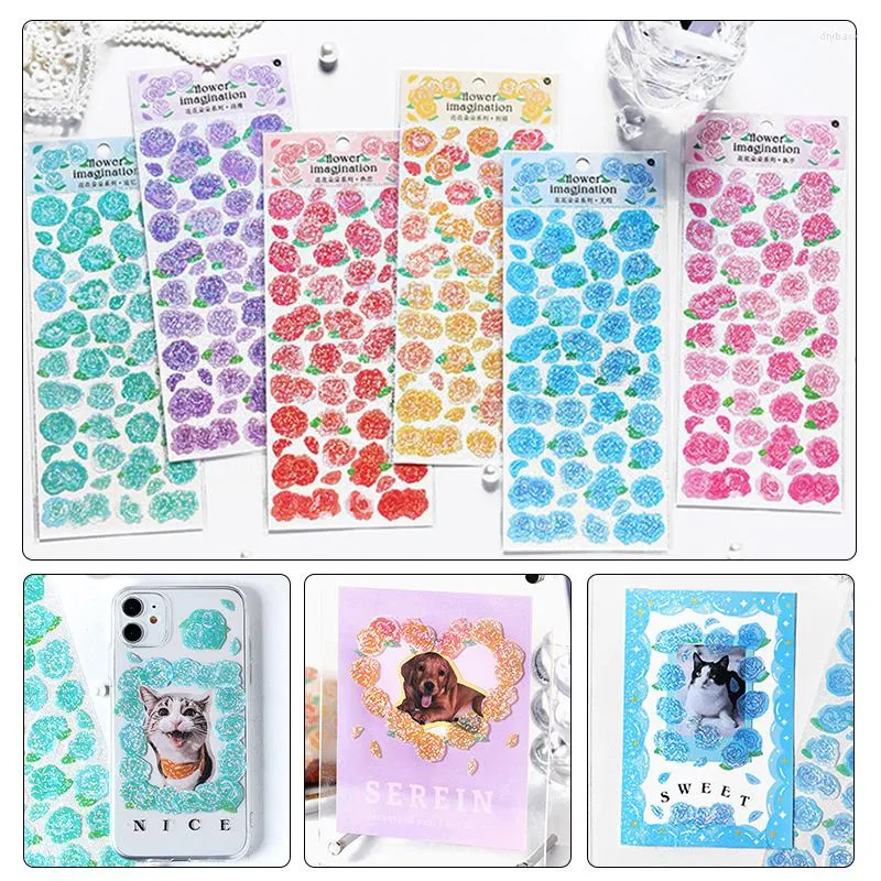 Confezione regalo 1 foglio PET Rose Flower Laser Deco Sticker Idol Card Materiale fatto a mano Estetica Hand Account Scrapbooking Adesivi di cancelleria