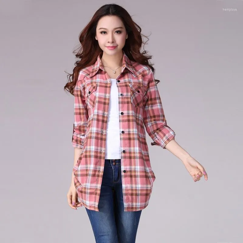 Женские блузки Ladies Vintage Plaid Tops Tops с длинным рукавом хлопчатобумаж.