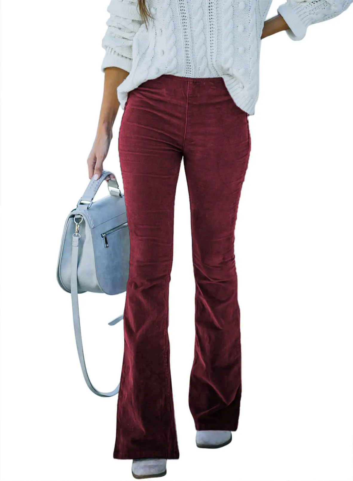Pantalon évasé en velours côtelé pour femmes taille haute élastique coupe ajustée bas de cloche pantalon décontracté