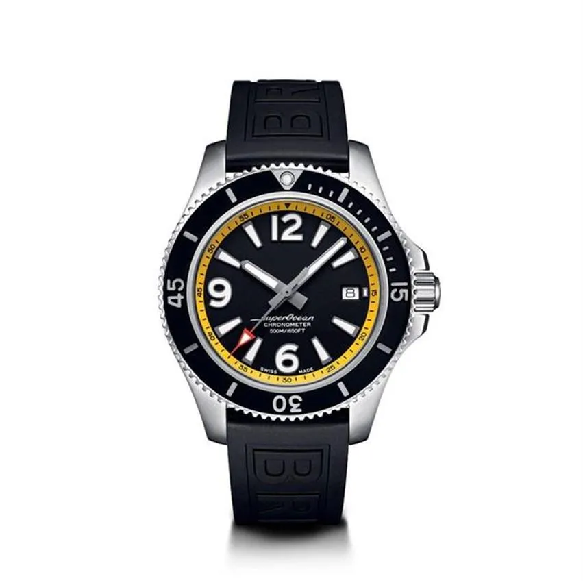 Luxury Brand New Superocean Ceramic Bezel Automatic Mechanical Watch Black Yellow Number Dial Rubber Stainless Steel Sapphire296C