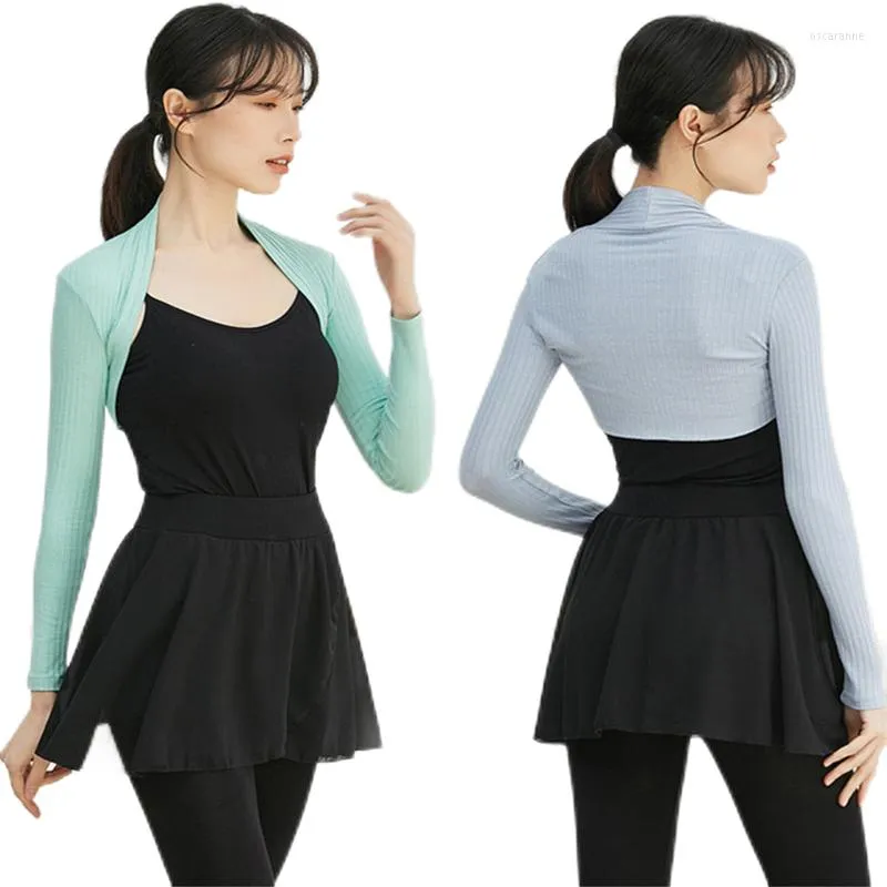 Bühnenkleidung Baumwolle Crop Cardigan Teenager Frauen Bolero Achselzucken für Tanztrikots Kleid Strickarmärmel vorne offen kühlende Schaljacke Pullover